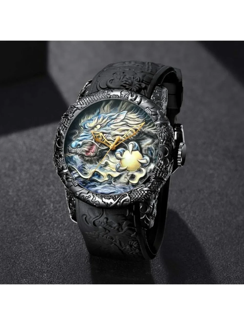 Mens Black Fashion Analog Quartz Big Dial 3D Sculpture Dragon Luxury Wrist Watch